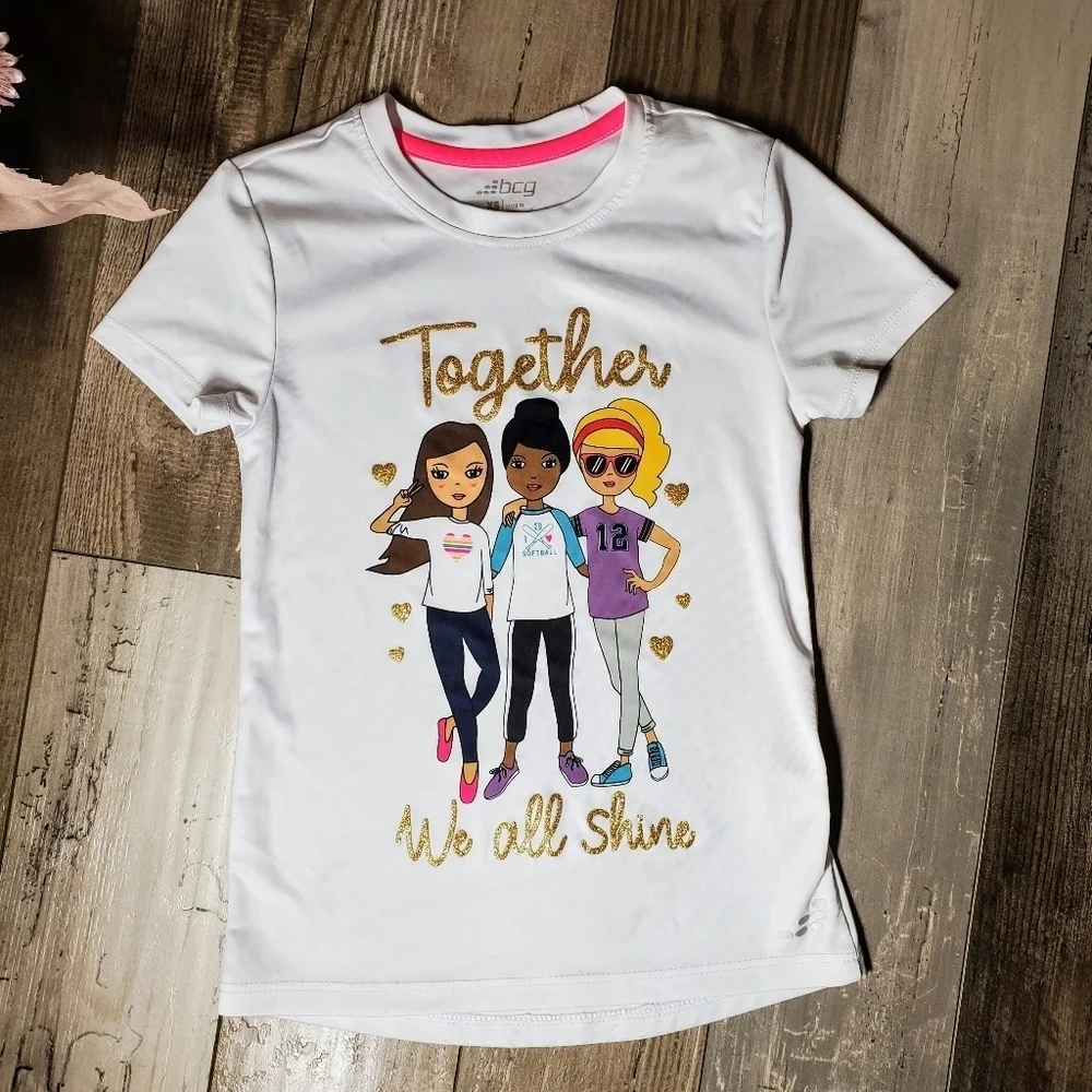 bcg girls size xs 6-6x white and gold shimmery t-shirt nwot